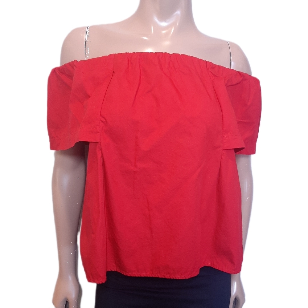 Topshop Off Shoulder Poplin Crop Top Strapless Red Bardot Cut Out Size 4